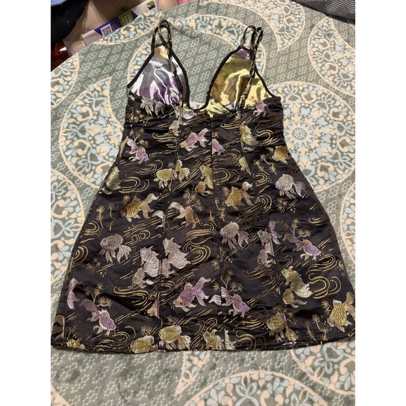 Urban Outfitters Koi Fish Jacquard Metallic Mini Dress Black Gold Silver Small - Picture 2 of 3